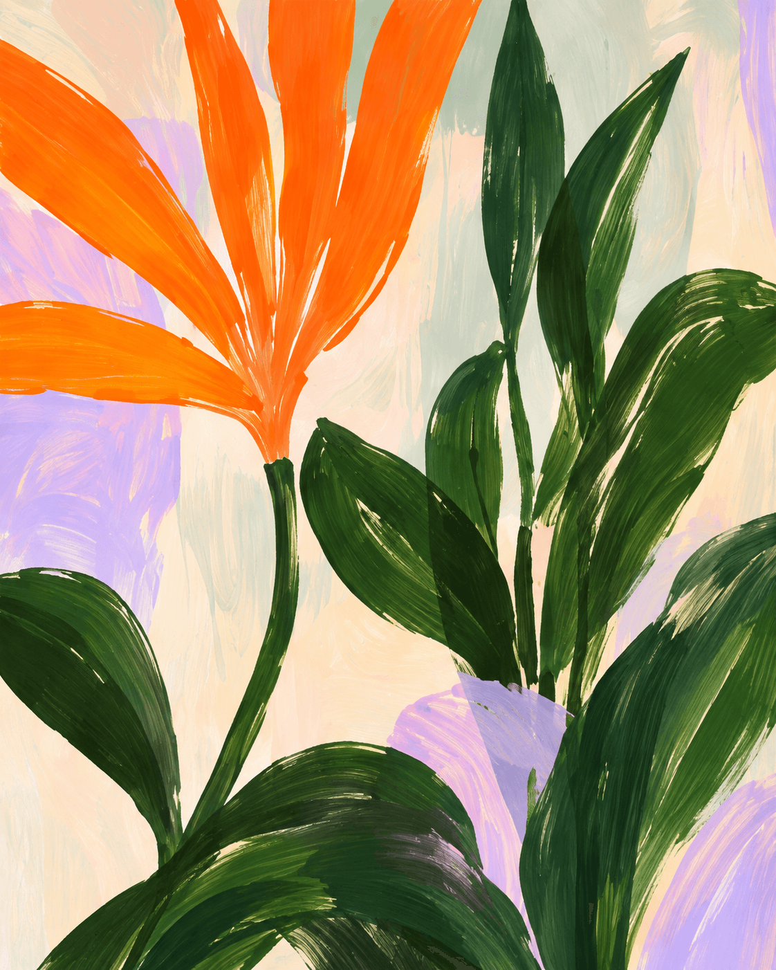 An orange bird of paradise flower and sweeping green leaves, painted in loose brushstrokes